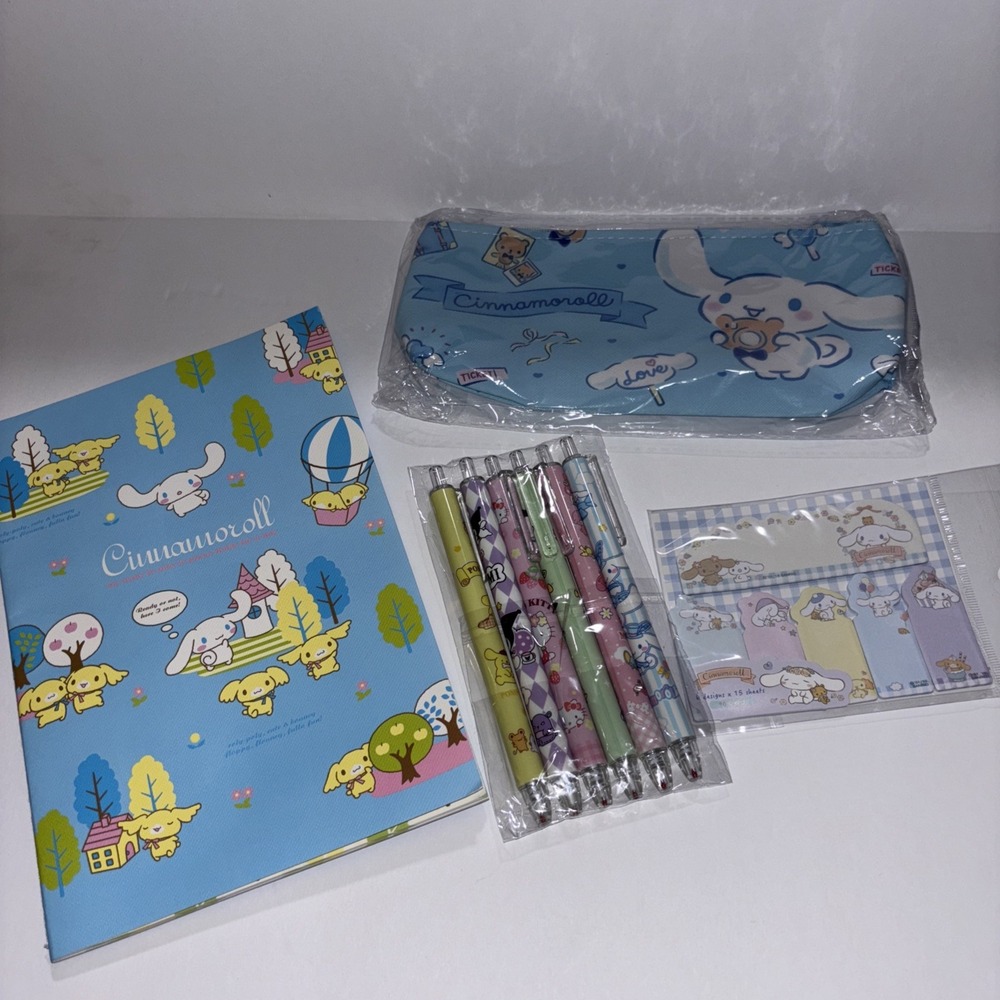 Sanrio Cinnamoroll Stationary Set Notebook Pencil Case 6 Pens Sticky Notes New